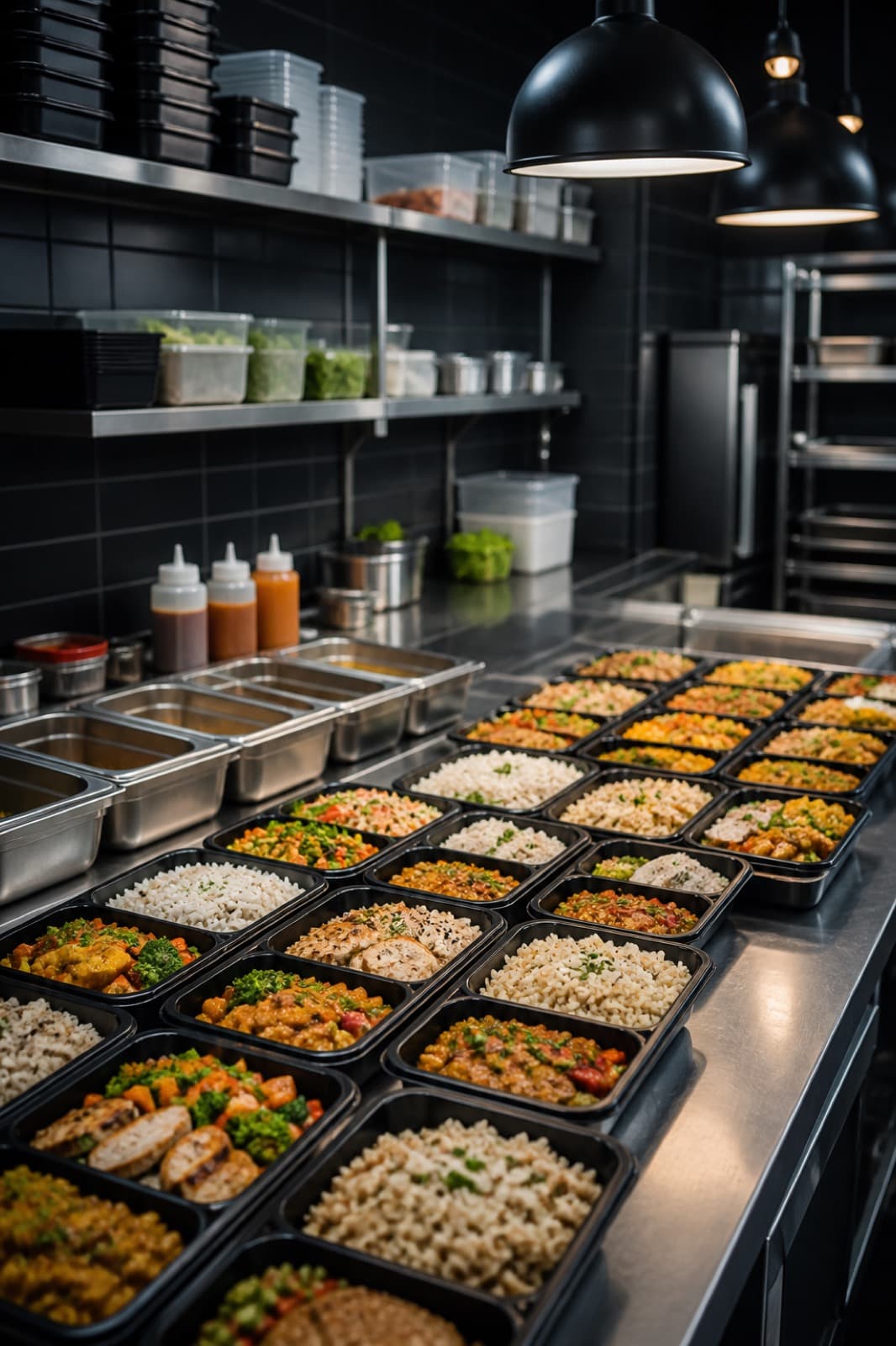 Cloud kitchen prep station with portioned subscription meal trays