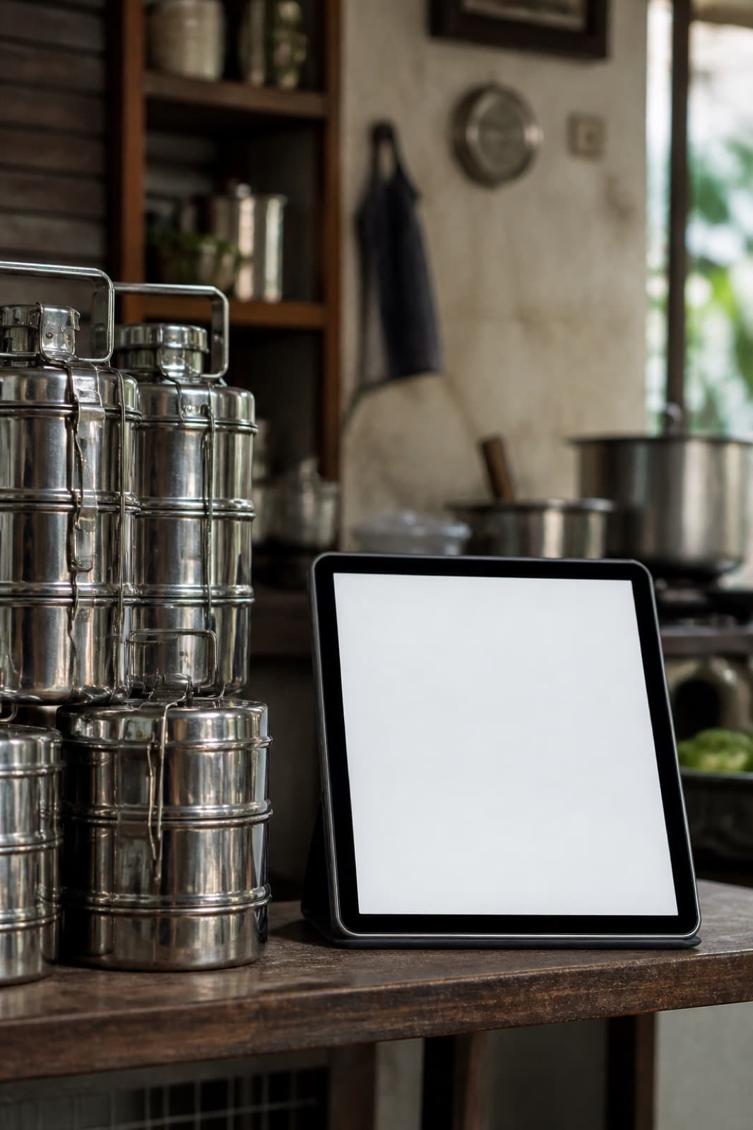 Stacked tiffin dabbas beside a tablet for digital ordering